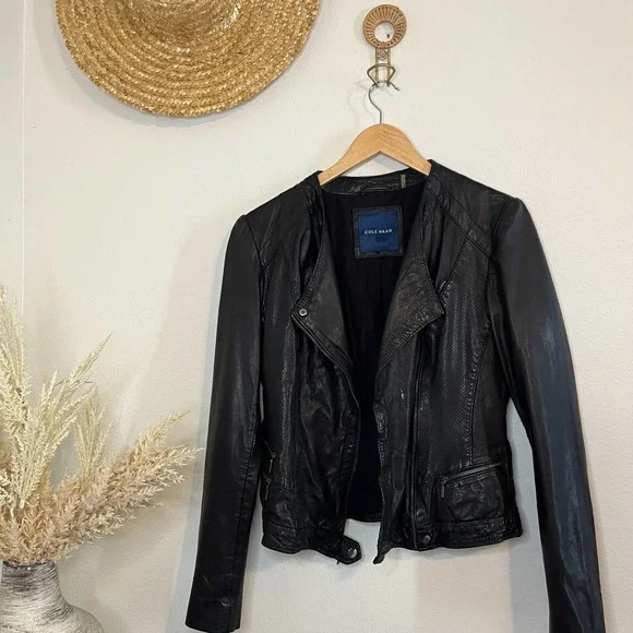 Cole Haan Leather Moto Jacket in Black Size Small